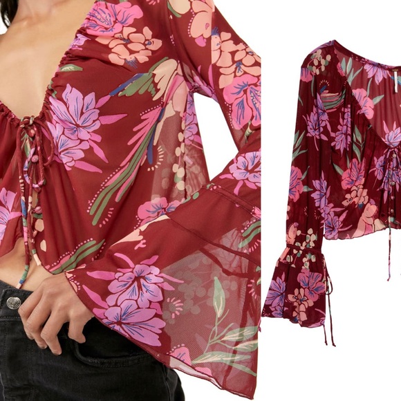 NWT Free People Of Paradise Floral Bell Sleeve Blouse - Picture 2 of 3